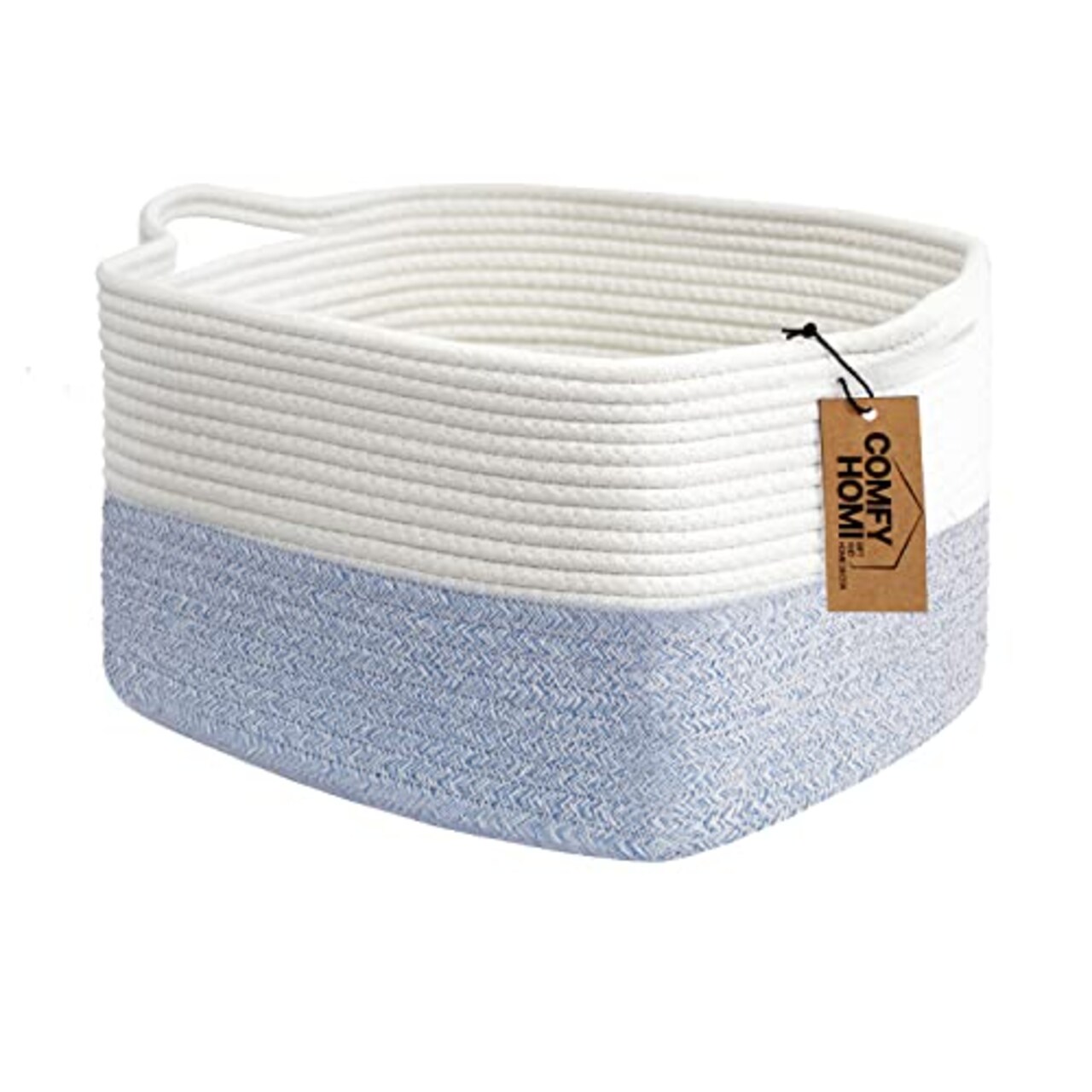 COMFY-HOMI Cotton Rope Woven Basket with Handles for shelf,Toy, Book, Cloth Storage Basket for Organizing-13.5"X11"X9.5" Storage Bin for Living Room, Newborn or Infant Gift for boy girl (White/blue)